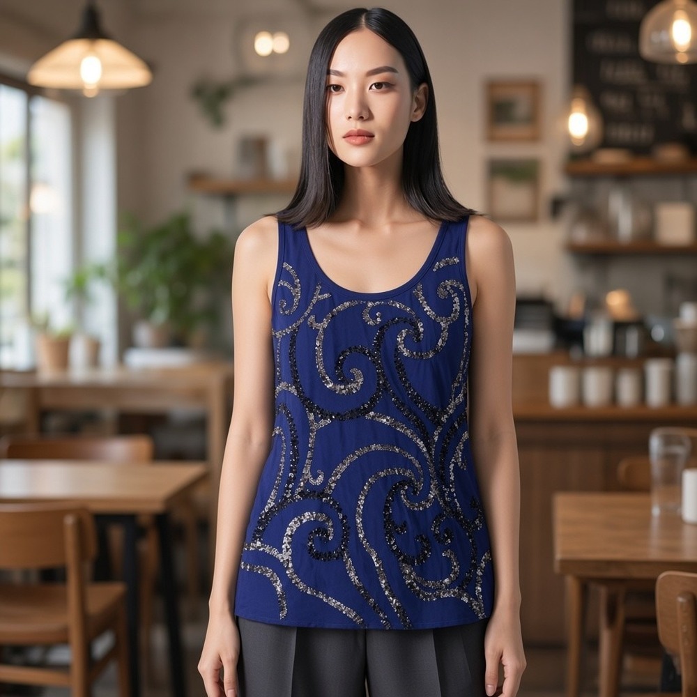 Express Tank Top Women XS Navy Blue Sequin Swirl Sleeveless Glam Party Night Out